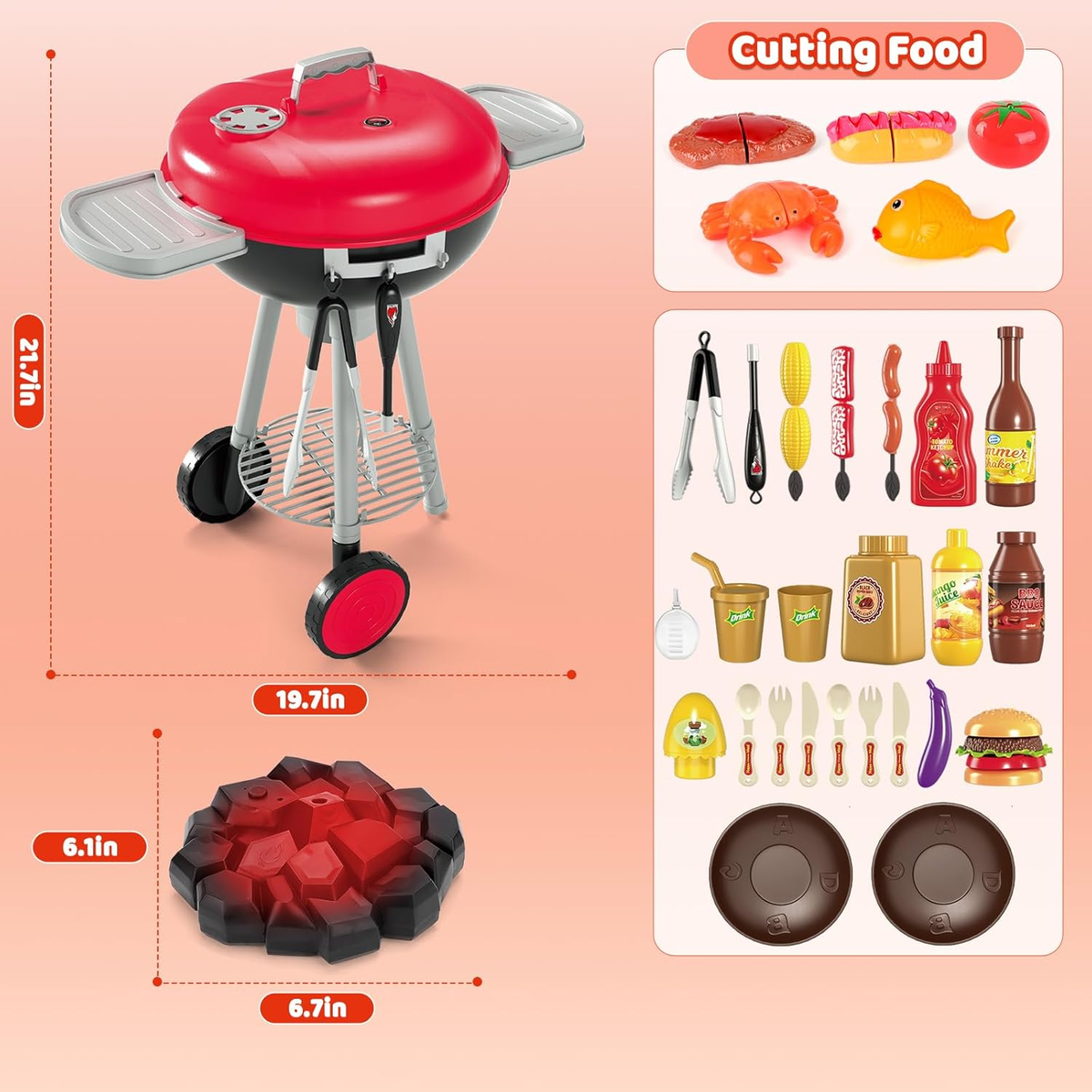 Kids BBQ Grill Playset, Kitchen Toy Set with Pretend Smoke, Light