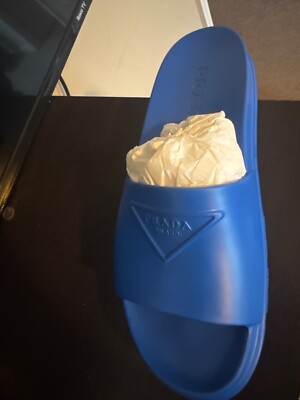 Men’s Size US 11 Prada Rubber Blue Slide Sandals Prada Blue Rubber Triangle Logo Soft Pool Slides Size 42  main image 2