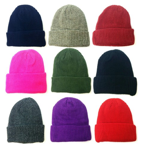 SOLID PLAIN BLANK LONG CUFFED KNIT BEANIE HAT SKI CAP WINTER SNOW RETRO THICK - Picture 1 of 14