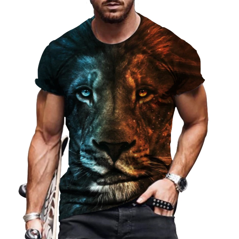 T Shirt Men Fashion Red Blue Lion Face Short Sleeve T-Shirts Camiseta Soft Tee