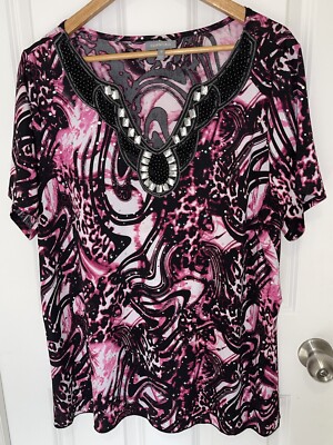 Women s Essentials Black & Pink Sequin Neck Short Sleeve Blouse Plus Size 1X