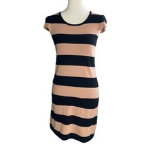 Nine West Black & Tan Striped Cap Sleeve Knit Dress w/ Pockets Women's Size XS