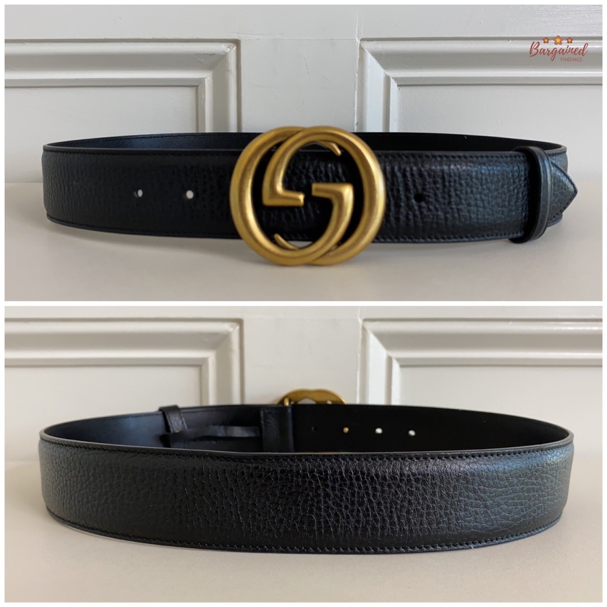 Authentic Gucci Black Pebbled Calfskin Leather Gold Double G