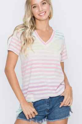 Heimish Womens V-Neck Striped Short Sleeve Top