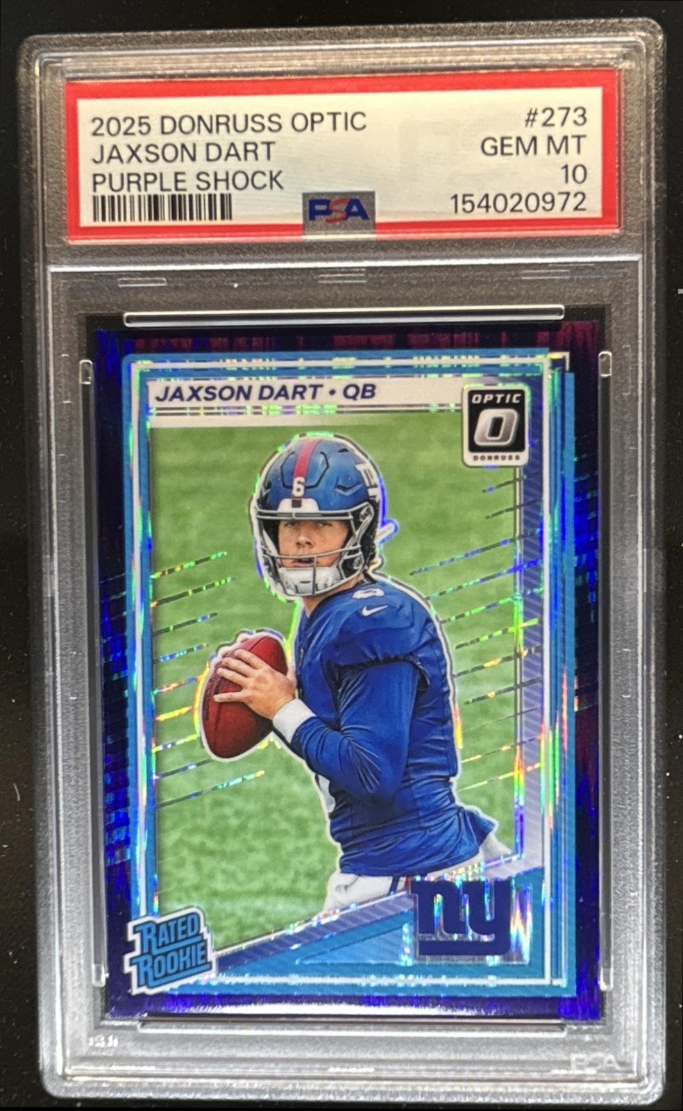 2025 Donruss Optic Jaxson Dart Rated Rookie Purple Shock Prizm #273 PSA 10
