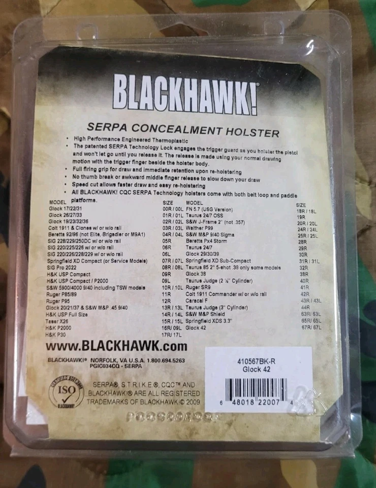 Funda de ocultación Blackhawk Serpa Glock 42 Owb mano derecha paleta negra Foto 2 de 4