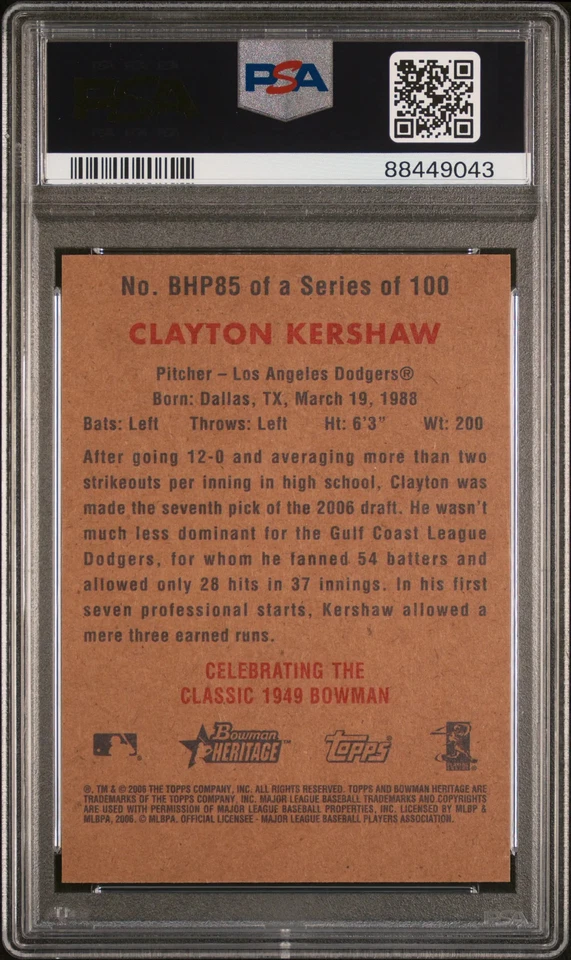 Bowman Heritage Prospects Clayton Kershaw 2006 #BHP85 PSA 10 Foto 2 de 2