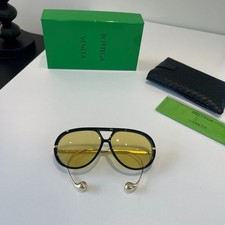 Bottega Veneta Pilot Shades Black Frame Gold Metal Arm Yellow Tint Lens Eyewear