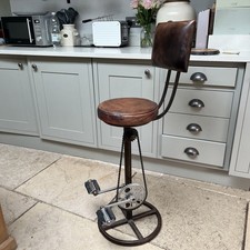 Retro Recycled Bar Stool with Backrest in Brown Leather