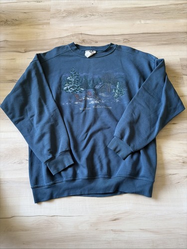 Vintage Northern Reflections Winter Songbird Teal Crewneck Sweater Sz L Cabin