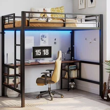 Loft Bed Twin Size with Desk and 4 Storage Shelves, Metal Loft Bed Frame
