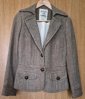 Dranella Tweed Blazer Jacket Brown Herringbone Fitted UK 8 10