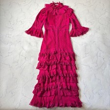 alice + olivia Pink Long Frill Lace Dress M 7/8 Sleeve Floral 8474