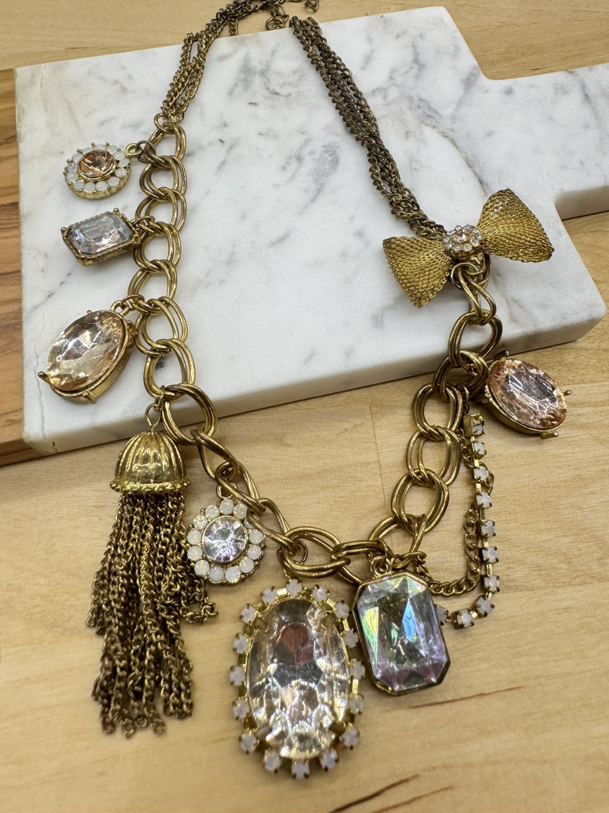 Betsey Johnson Pink Rhinestone Heart Bow Necklace vintage y2k