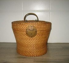Ancien Panier Asiatique à Thé.. en Osier Tressé & Laiton