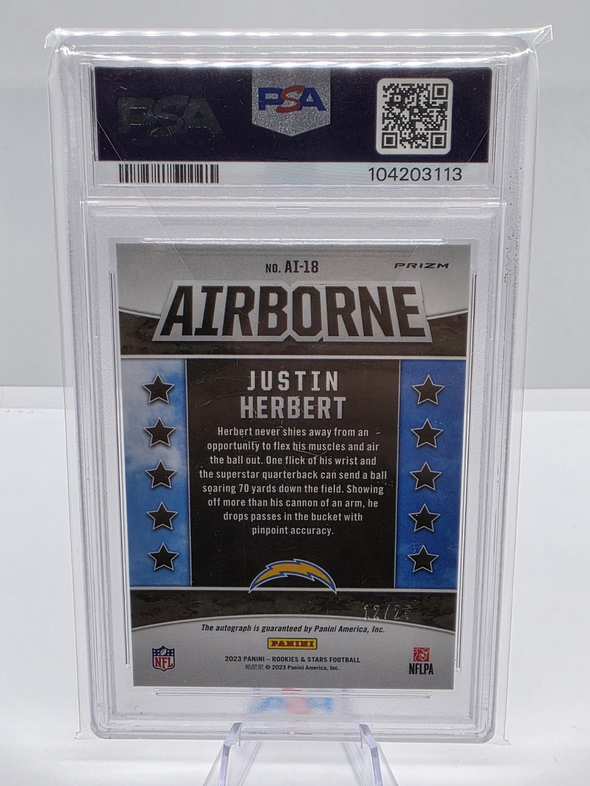 Justin Herbert 2023 Panini Rookies & Stars Airborne Sig Prizm Auto /25 PSA 10 view 2
