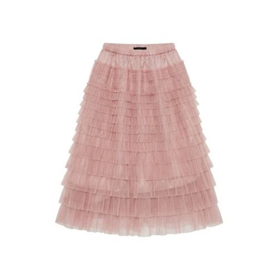  Women's Pink Tulle Tiered Midi Skirt - Layered Ruffle Fluffy Mesh Party Skirt