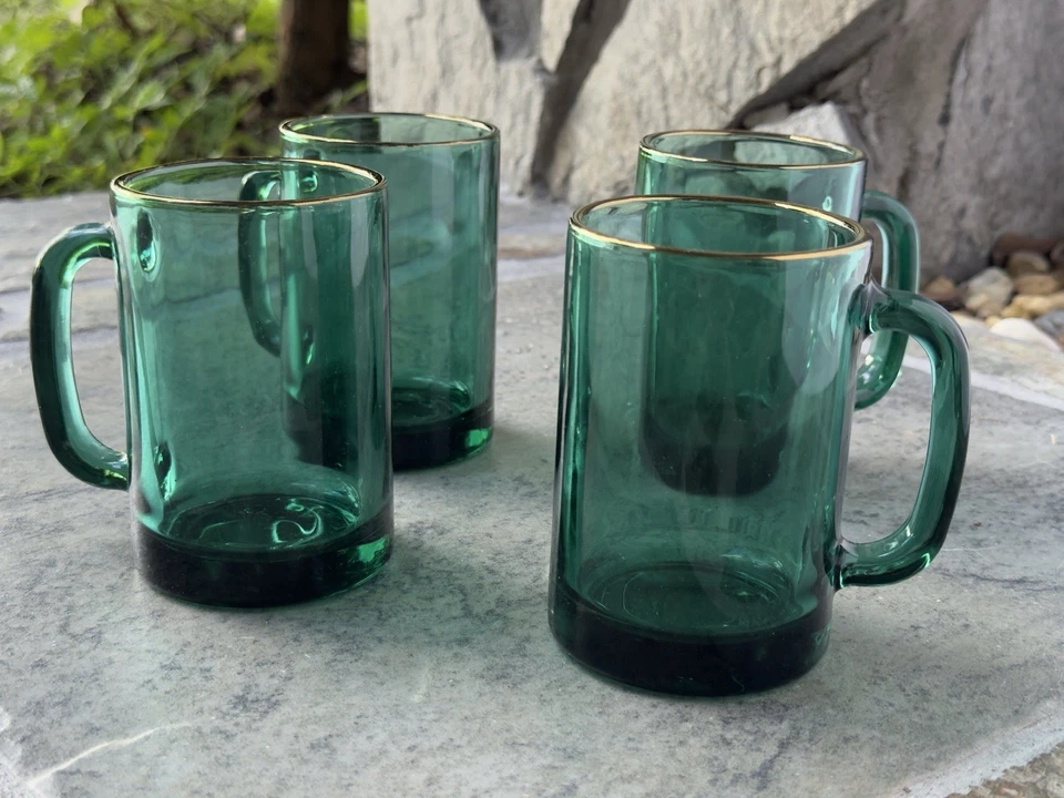 Juego de 4 tazas de vidrio Libbey verde enebro 10 OZ de colección con asas borde dorado 4,25 pulgadas Foto 2 de 4