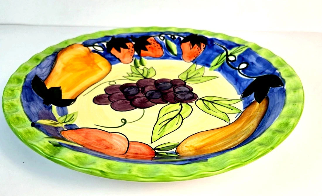 Fruit Design Pie Plate Dish Hand-Painted Ceramic 10"