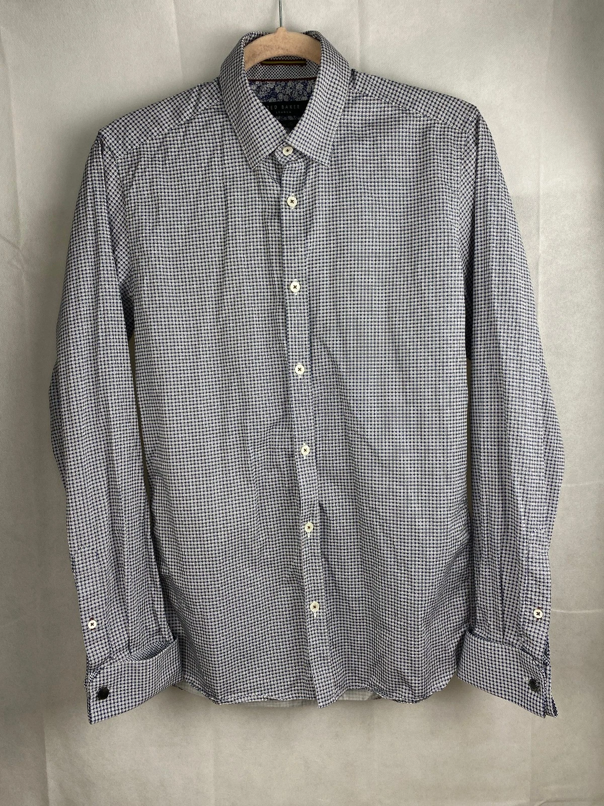 Ted Baker Mens 15.5 XS Shirt & Cufflinks White Blue Cotton Modern Fit