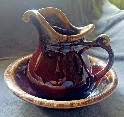 Vintage McCoy Pitcher and Bowl Set Brown Glaze Drip Pottery 7515