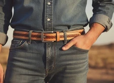 Western Ranger Saddle Tan Leather Belt Tooled Basket Weave Floral Billet Size 36