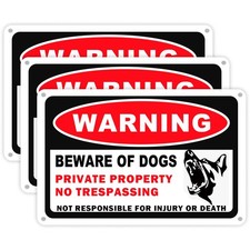3 Pack Beware of Dog Signs for Fence - 10x7 Inch, Rust Free Aluminum, Reflective