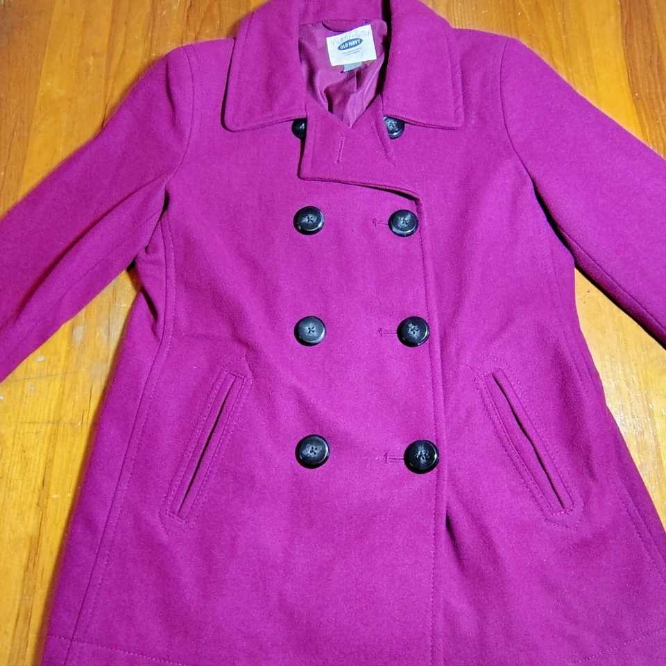 Old Navy Womens Pea Coat Jacket Double Breasted Button Front Raspberry Purple - Image 3 of 4