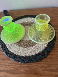 Vintage pair of hobnail opalescent uranium glass candle holders