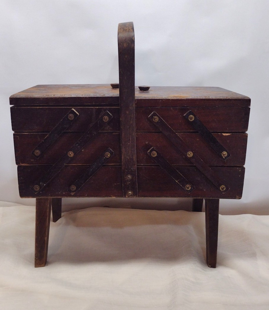 Vintage Wood Sewing Box Accordion 3 Tier Fold Out For Restoration 1991 Restore