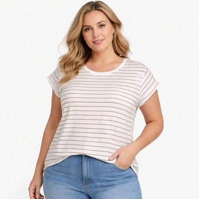 Universal Thread Striped Short Sleeve T-Shirt White Tan XXL Cotton Crew Neck
