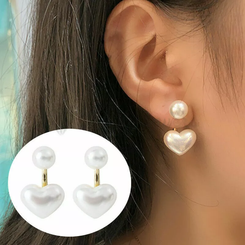 Elegant Gold Plated Faux White Pearl Heart Shaped Dangle Stud Earrings Jewelry