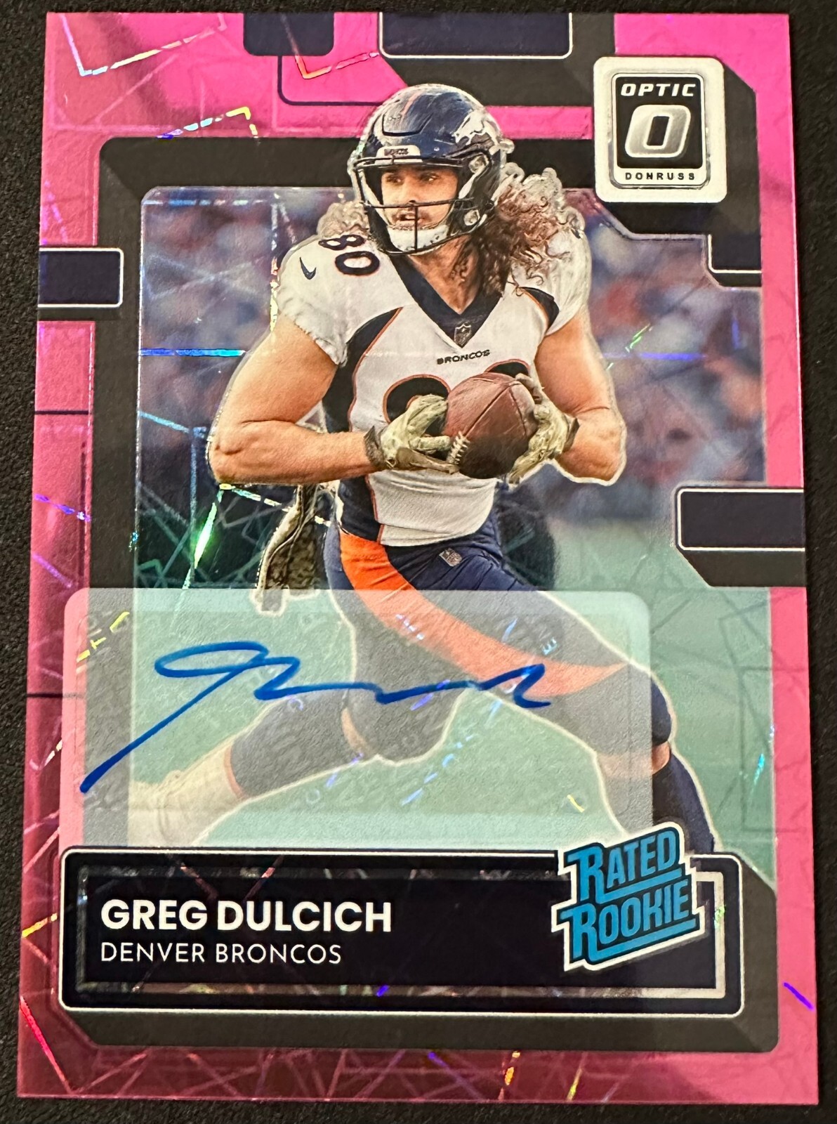 2022 Donruss Optic Greg Dulcich Pink Velocity Prizm Rated Rookie Auto RC #/50