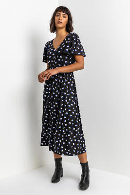 Roman Originals Polka Dot Ruched Sleeve Midi Dress for Women UK