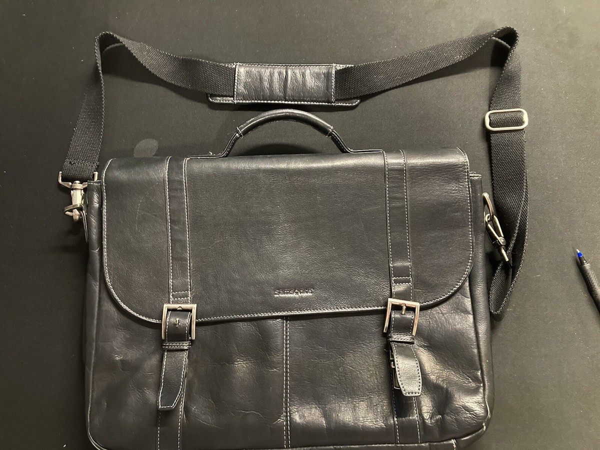 Samsonite Flap Black Soft Leather Messenger Bag Padded Laptop Pocket Gently  Used