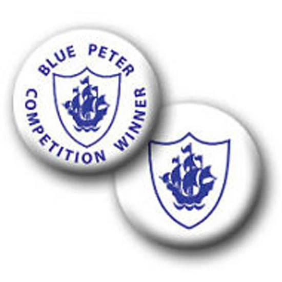 BONGO BADGES RETRO FUN BLUE PETER PIN BADGES - 25mm, 38mm or 58mm- GREAT FOR FANCY DRESS