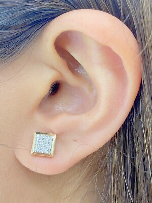 DEAL!10K Gold Genuine Natural Micro Pave Diamonds Square Earrings .016ct  7.70MM
