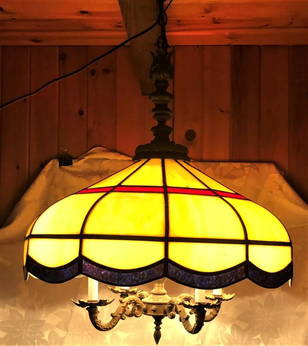 Antique Vintage Stained Glass Hanging Chandelier 4 arm rewired