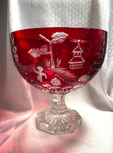 AJKA/DESIGN GUILD MAGDA NEMETH BOWL RED CUT TO CLEAR CRYSTAL BOHEMIAN HUNGARY