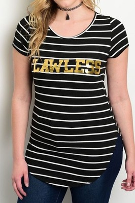 Plus Size Black White Gold Graphic ''Flawless'' Top Striped Stretch T Shirt Words