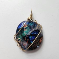Handmade Wire Wrapped Dichroic Glass Pendant, Blue / Gold