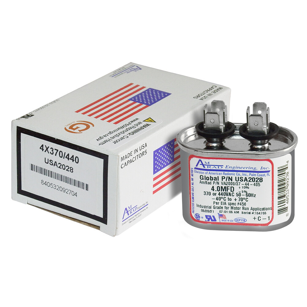 AmRad USA2028 Oval Run Capacitor 4 uF MFD 370 / 440 Volt Made in USA