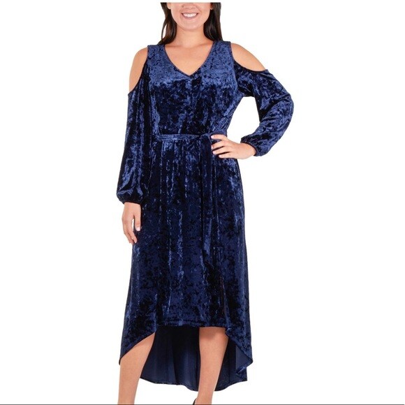 NY Collection Petite Velvet High-Low Cold-Shoulder Dress, Navy Blue Size  Petite | eBay
