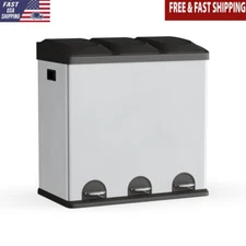 3-Compartment Stainless Steel Trash Recycling Bin Indoor 16 Gallon Hands-Free US