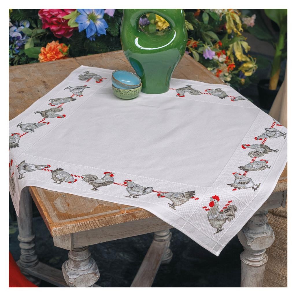 Vervaco Unisex White T/Cloth Chickens - Counted Cross Stitch Kit: Tablecloth: Chickens In - Image 3