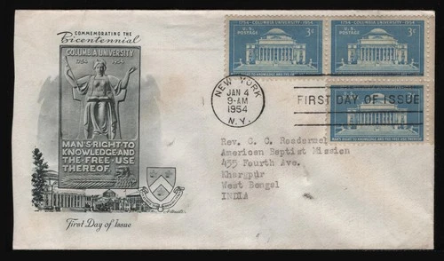 #1029 3c Columbia University, Artmaster-To India FDC **ANY 5=FREE SHIPPING**