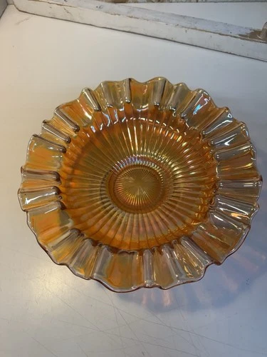 Vintage Ruffled Carnival Glass Bowl Compote Candy Dish 10”