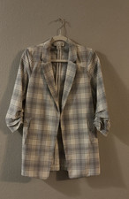 Rachel Zoe Women  s Plaid Open Front Lightweight Blazer 3/4 Ruched Sleeve S