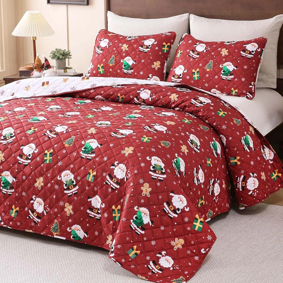 Juego de edredón reversible de Navidad tamaño queen con muñeco de nieve y copos de nieve 90"x90 Foto 2 de 4