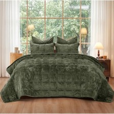 Velvet Quilt Set Queen Size 90x92 Smokey Olive 3 Piece Bedding with Pillow Sham